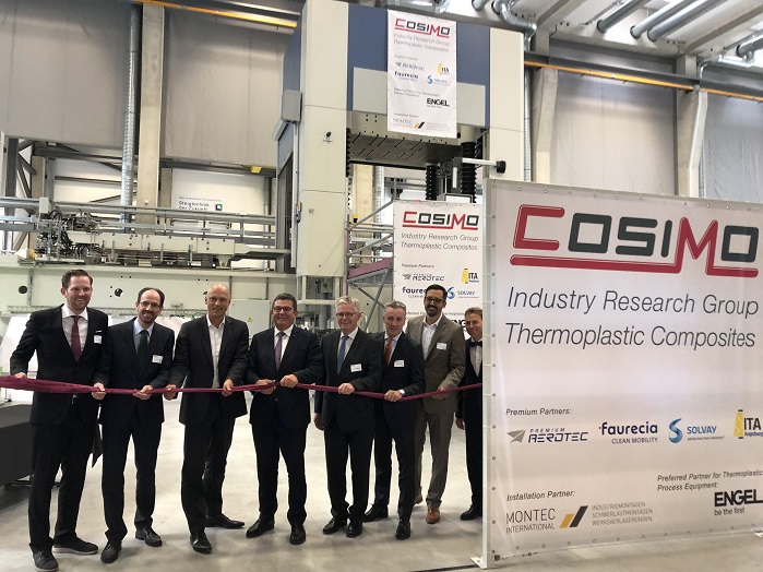 From left to right: Helge von Selasinky (ITA) – General Manager; Dr Norbert Müller (Engel) – head of centre for lightweight composite technologies; Dr Thomas Ehm (Premium Aerotec) – CEO; Franz Josef Pschierer (Bavarian ministry of economics, energy and technology) – State Minister; Prof Dr-Ing Stefan Schlichter (ITA) – Managing Director; Fabrizio Ponte (Solvay) – Vice President of Strategy, Business Development and Communication; Hassine Sioud (Faurecia) – General Manager Business Unit Ultra lightweight structures and Battery powercase Systems; and Wolgang Hehl (TZA) – CEO Augsburg Innovationspark. © Solvay/ITA Augsburg